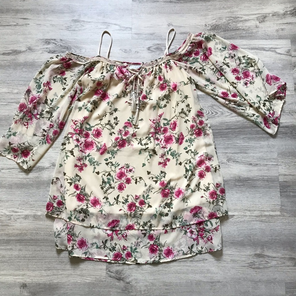 Purple Snow Floral Cold Shoulder Layered Dress Size Medium - Picture 6 of 9